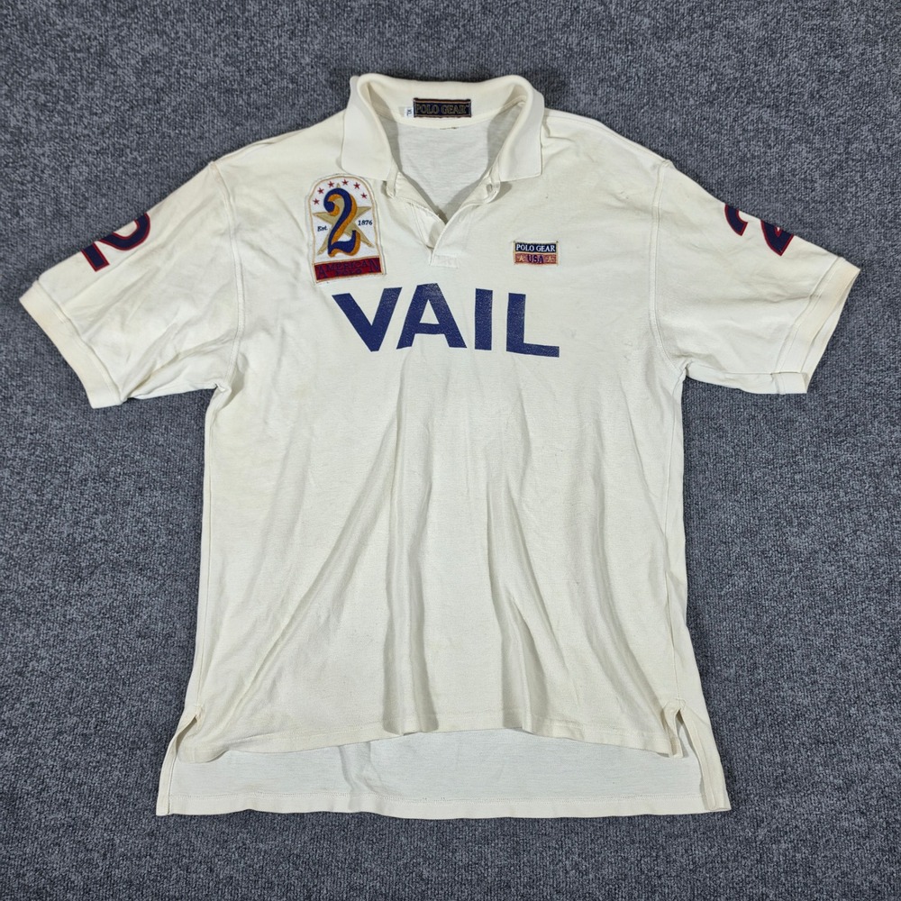Vintage Polo Gear Vail Colorado Men XL Cream Short Sleeve Polo Shirt Patch Flaw